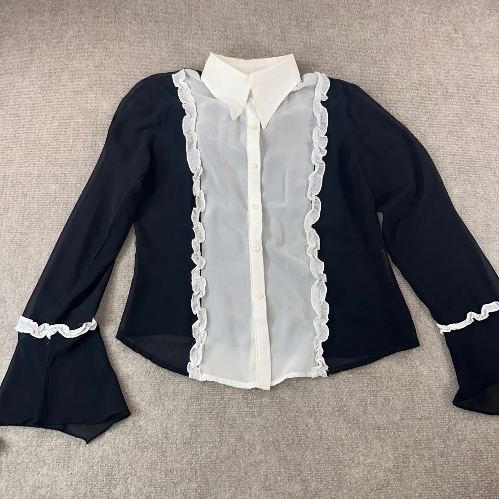 Witchy romantic Women Black White Ruffle Sheer Blouse Bell Sleeve Tuxedo Size 36